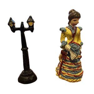 Vintage 98IRS China Lead Figure Young Woman in Dress & Light Post 1.25"